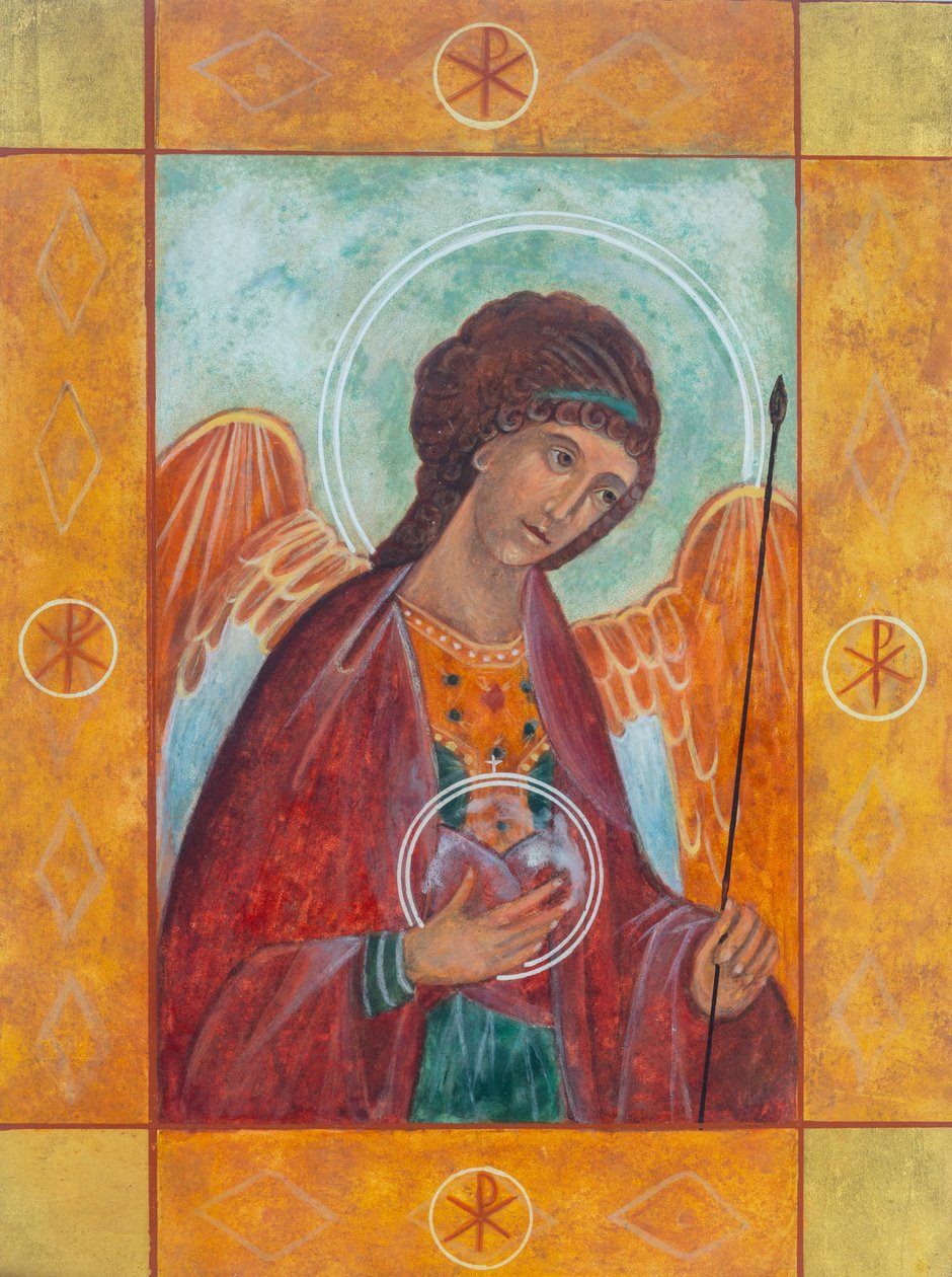 Aartsengel Michael, 2005 (eitempera, bladgoud, hout) door Christine Hales