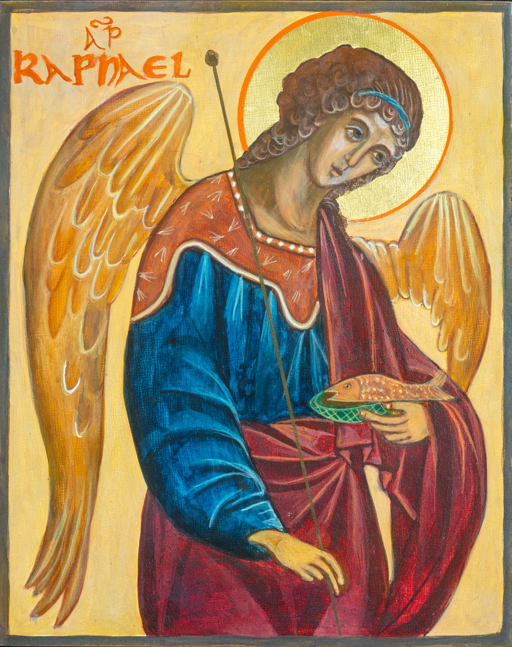Aartsengel Rafaël Icoon, 2019 (eitempera, bladgoud, hout) door Christine Hales