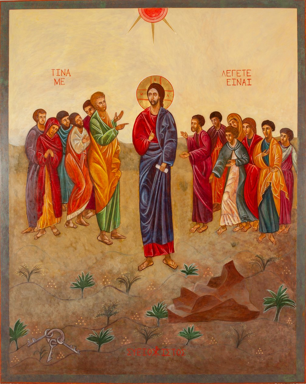 Petrus en Christus, 2000 (eitempera, bladgoud, hout) door Christine Hales