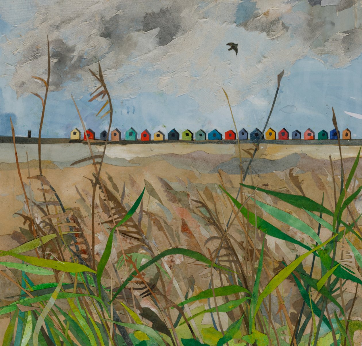 Strandhutten, 2023 (collage van aquarelverf op papier) door Christine McKechnie