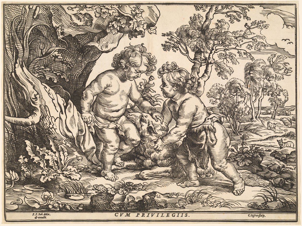 Het kind Jezus en Sint Jan spelen met het lam door Christoffel Jegher after Sir Peter Paul Rubens
