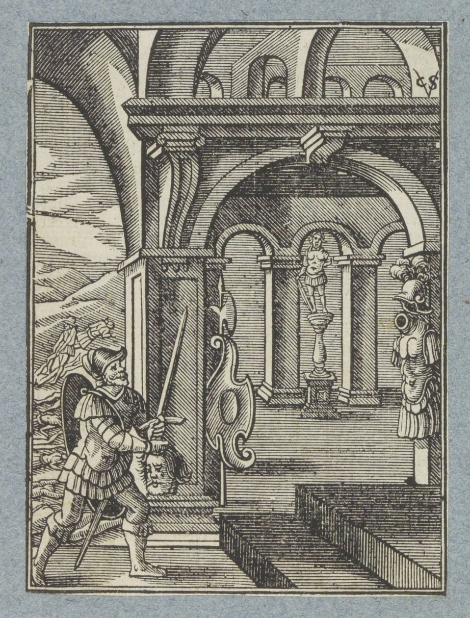 Hoofd van Saul wordt tempel van Filistijnen binnengebracht door Christoffel van Sichem (II)