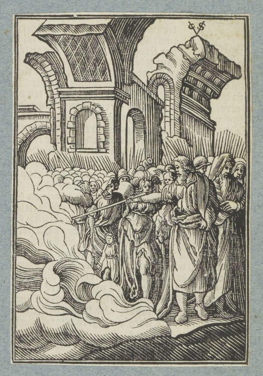Mozes splijt het water met zijn staf door Christoffel van Sichem (II)