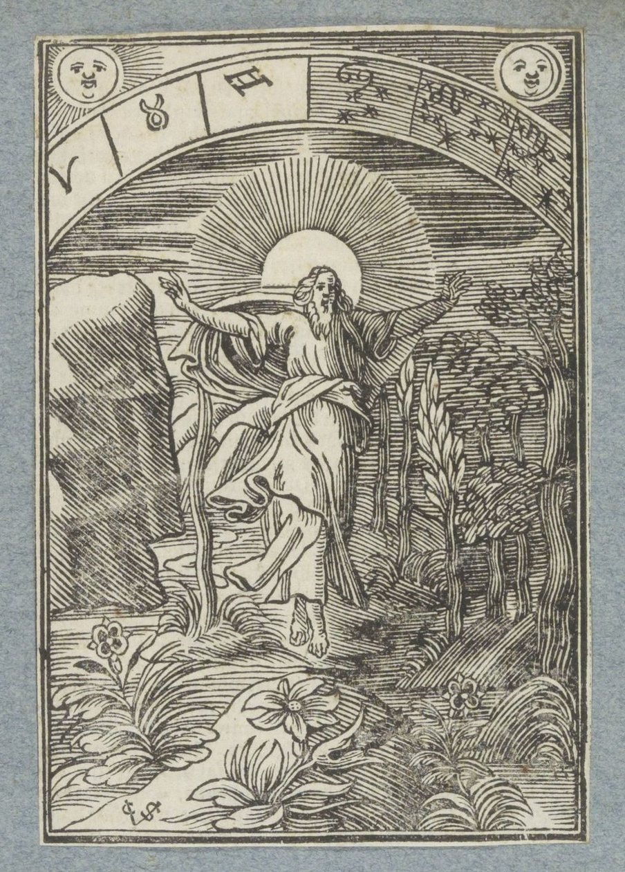 Vierde scheppingsdag: schepping van zon, maan en sterren door Christoffel van Sichem (II)