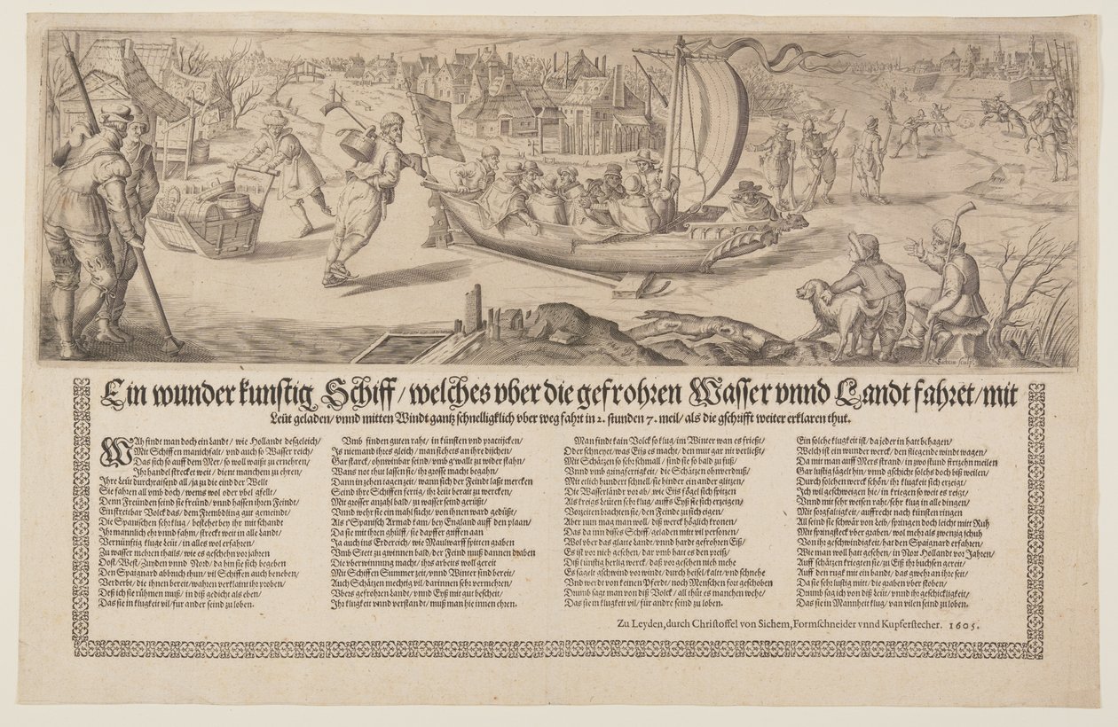 Broadside met een schuit die op het ijs vaart door Christoffel van Sichem I