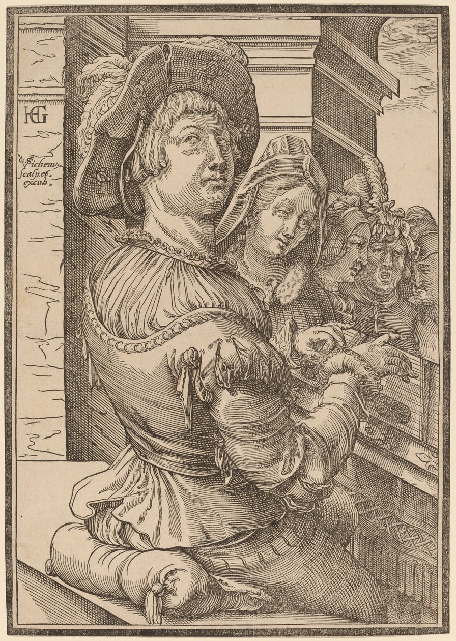 Een Jonge Man die een Psalterium Speelt door Christoffel van Sichem I after Hendrik Goltzius