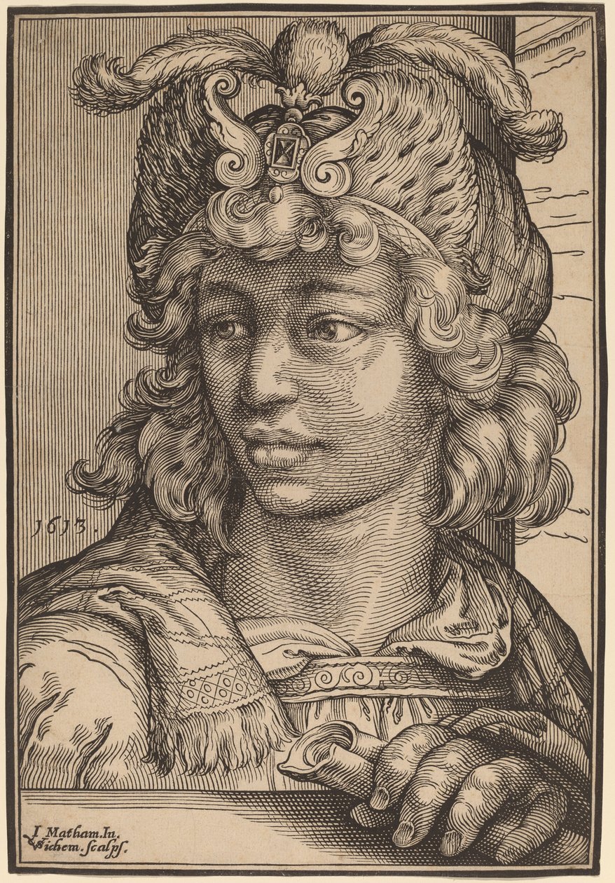 Borstbeeld van een Jonge Man door Christoffel van Sichem I after Jacob Matham