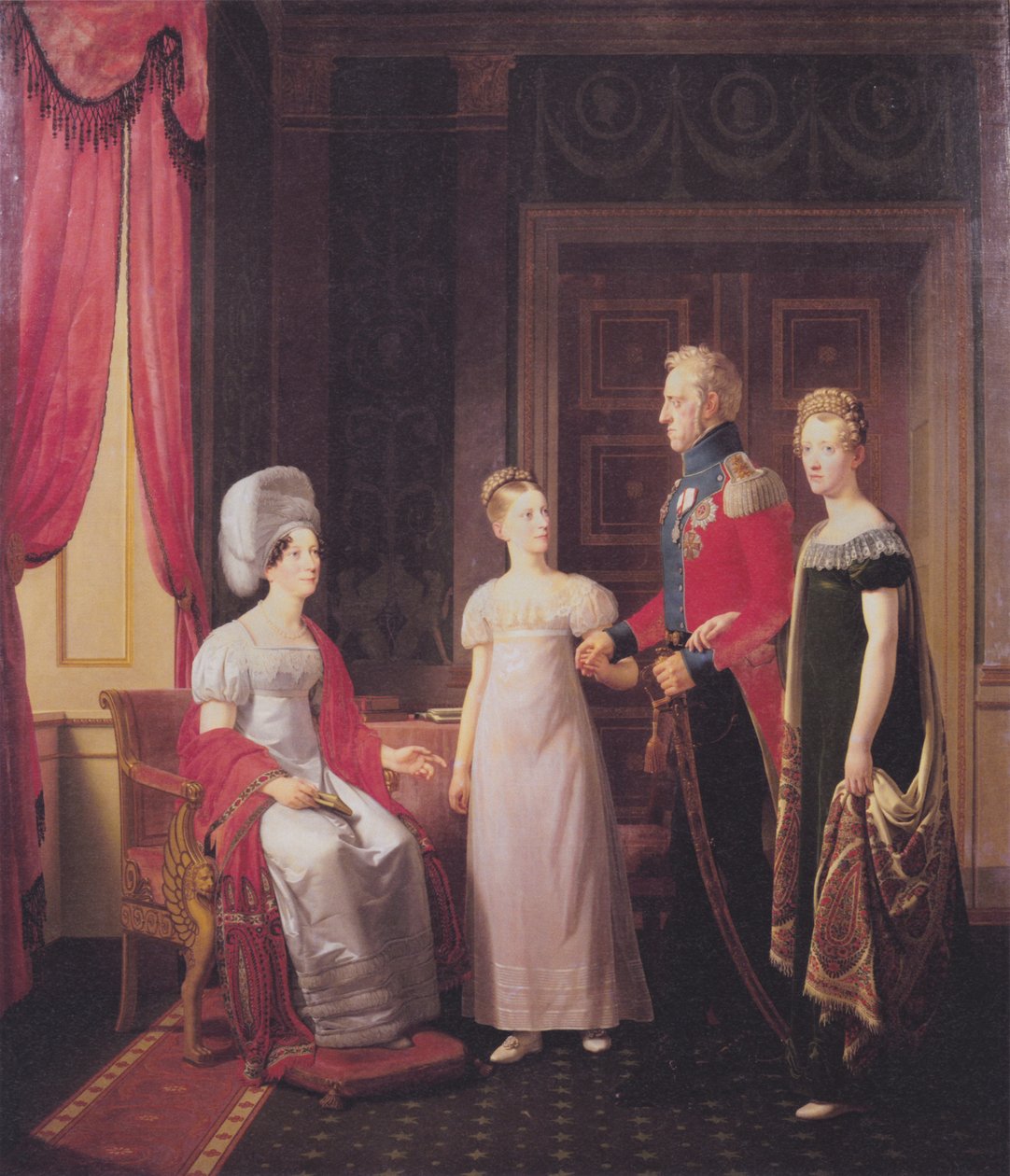 Frederik VI en koningin Marie met prinsessen Caroline en Vilhelmine door Christoffer Wilhelm Eckersberg