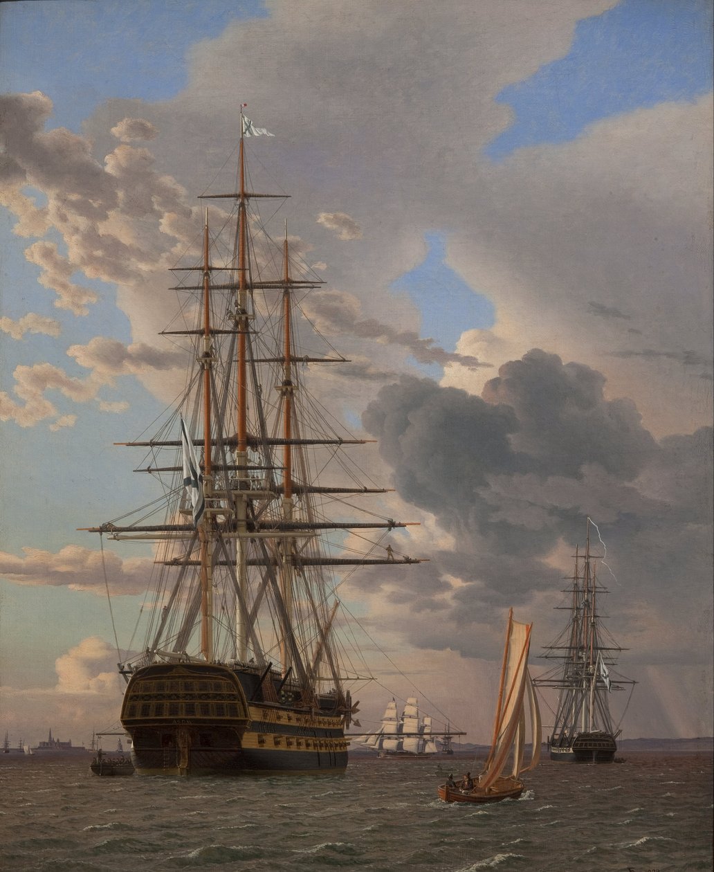 Het Russische linieschip Asow en een fregat voor anker in de wegen van Elsinore door Christoffer Wilhelm Eckersberg