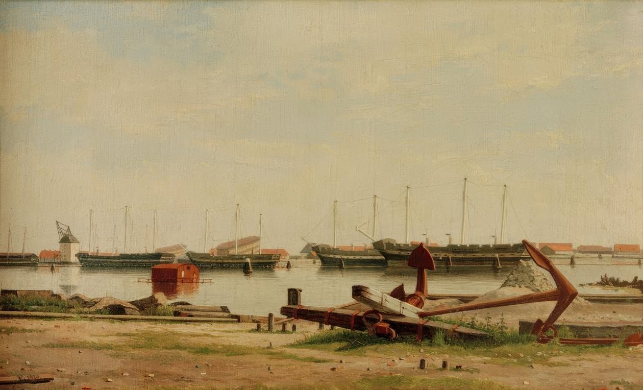 Uitzicht op Nyholm met kraan en oorlogsschepen door Christoffer Wilhelm Eckersberg