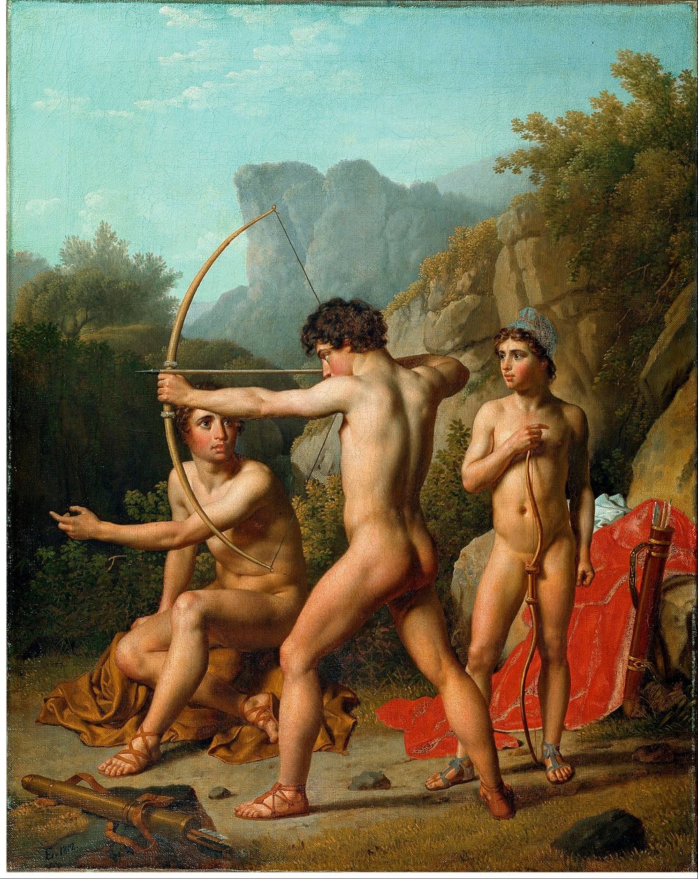 Drie Spartaanse jongens oefenen boogschieten door Christoffer Wilhelm Eckersberg