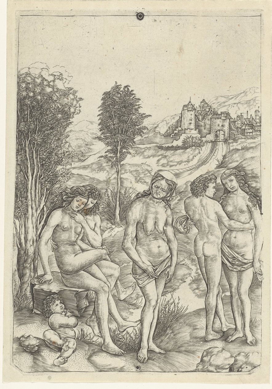 Oude vrouw en twee liefdesparen in landschap door Christoforo di Michele Robetta