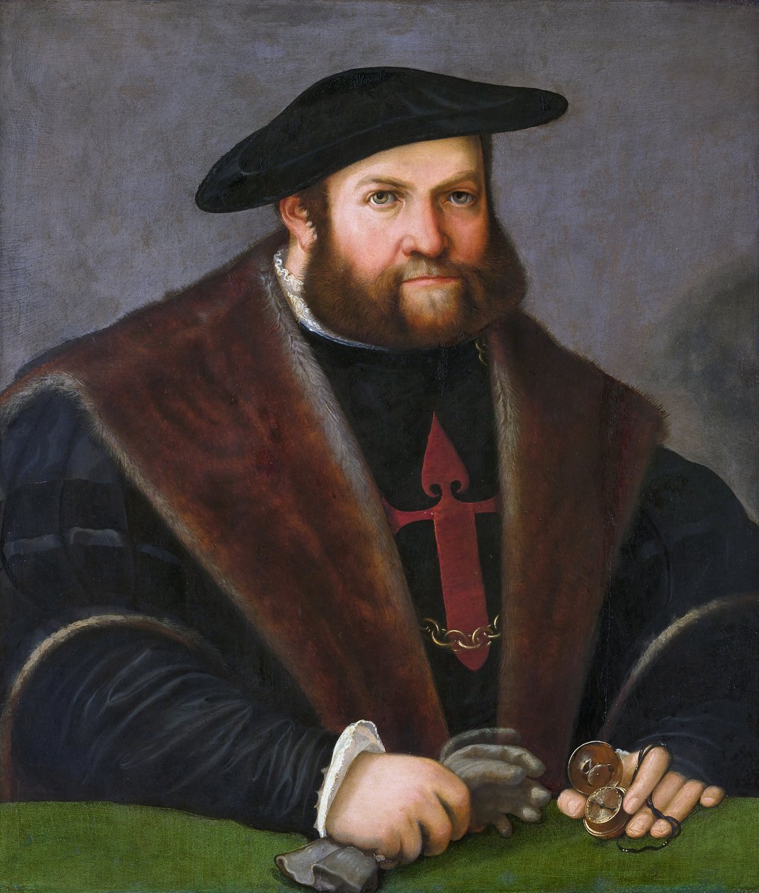 Duits: Portret van Ulrich Ehinger (1485-1537) (Portret van een ridder van Santiago) Ulrich Ehinger als ridder in de Orde van Santiago door Christoph Amberger