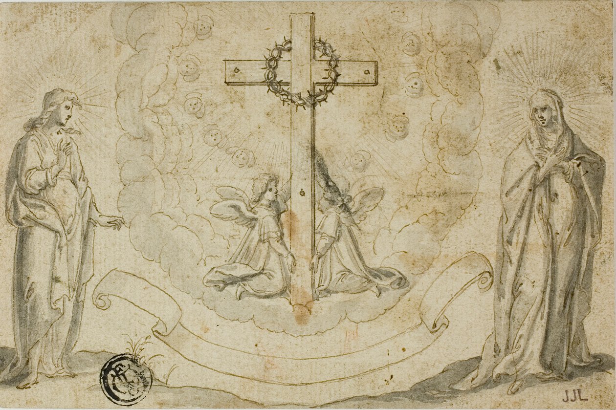 Maria en Johannes de Evangelist zien een visioen van het kruis vastgehouden door twee engelen door Christoph Schwarz