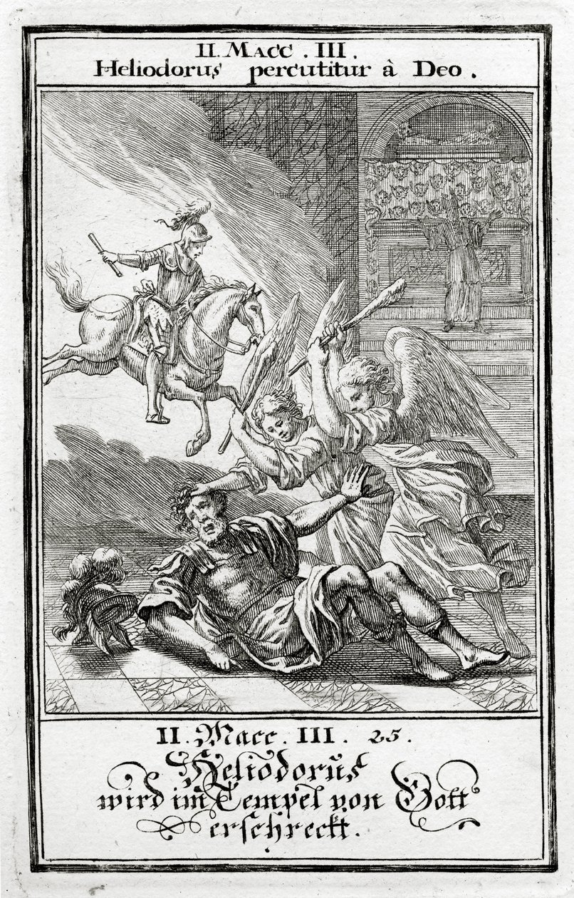 God maakt Heliodorus bang in een tempel, 2 Makkabeeën (3:21-28), 1695 door Christoph Weigel