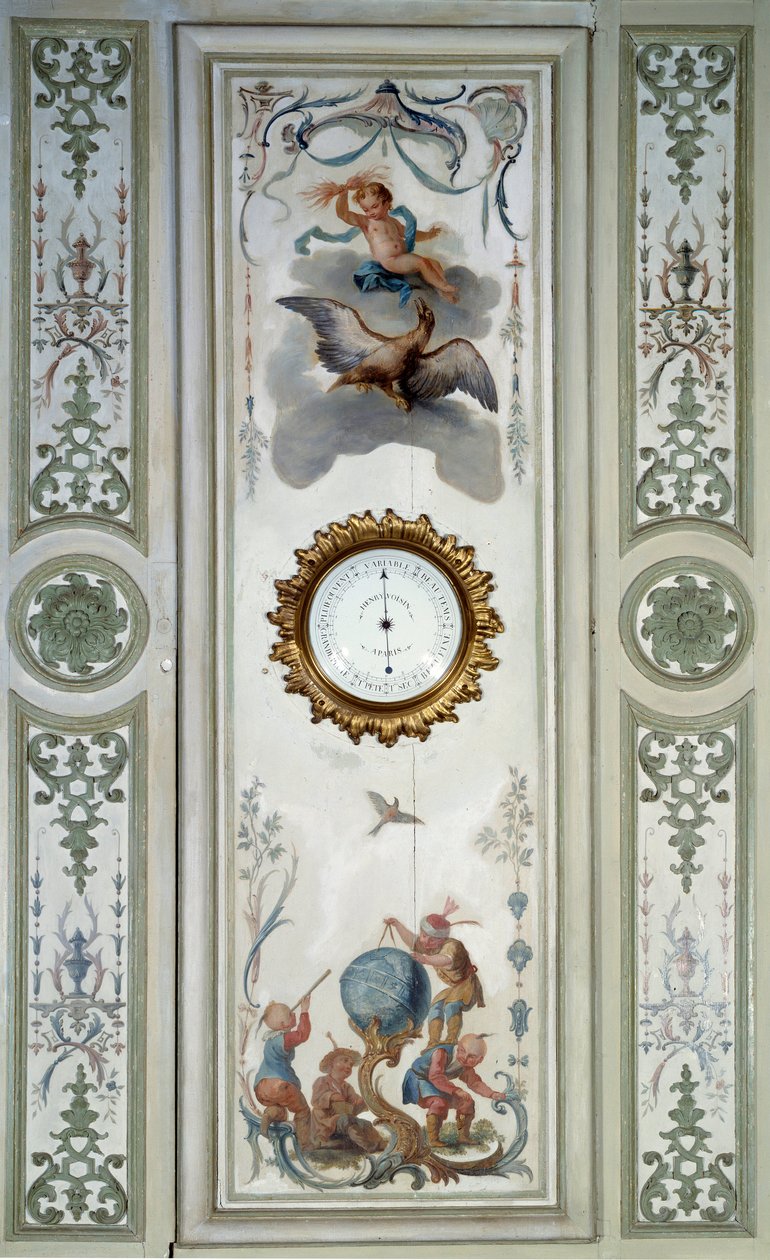 Paneel van de grote woonkamer van het Chateau de Champs sur Marne met barometer en chinoiserie door Christophe Huet
