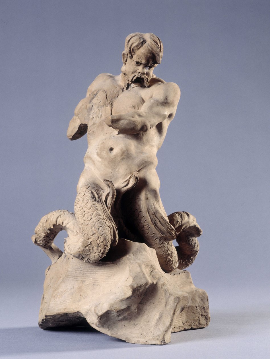 Triton. Stenen beeldhouwwerk door Christophe Veyrier