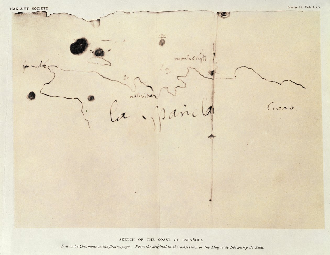 Schets van de kust van Hispaniola, getekend door Columbus tijdens de eerste reis, uit het origineel in het bezit van de Duque de Berwick y de Alba, 1492 door Christopher Columbus