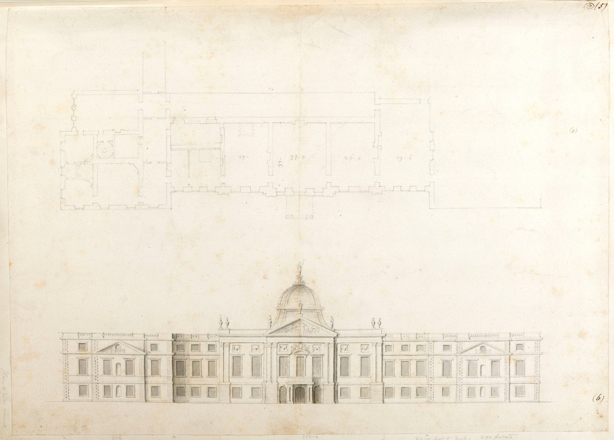 Hampton Court Palace, deelplan en schetselevatie voor een ingangsfacade, waarschijnlijk voor 2e schema, genummerd 5 & 6 door Christopher Wren