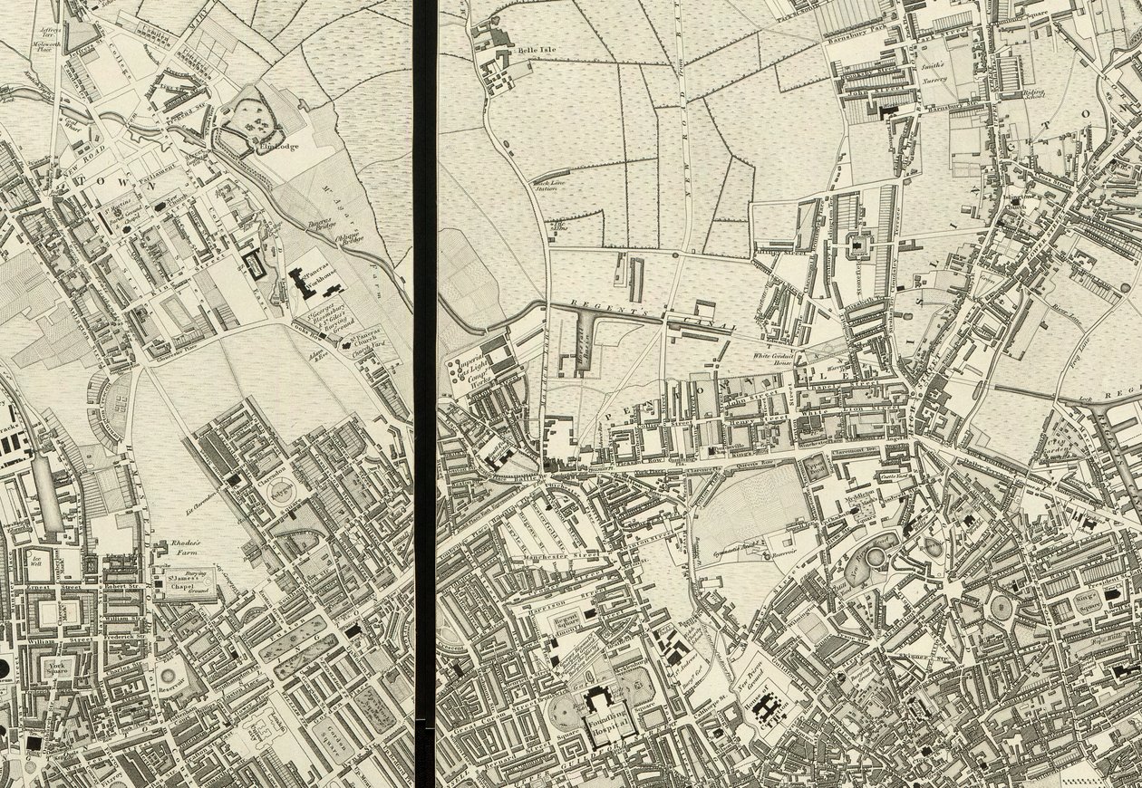 Detail van het gebied rond Pentonville, van Kaart van Londen, van een feitelijke enquête gemaakt in de jaren 1824 door Christopher and John (fl.1821 40) Greenwood