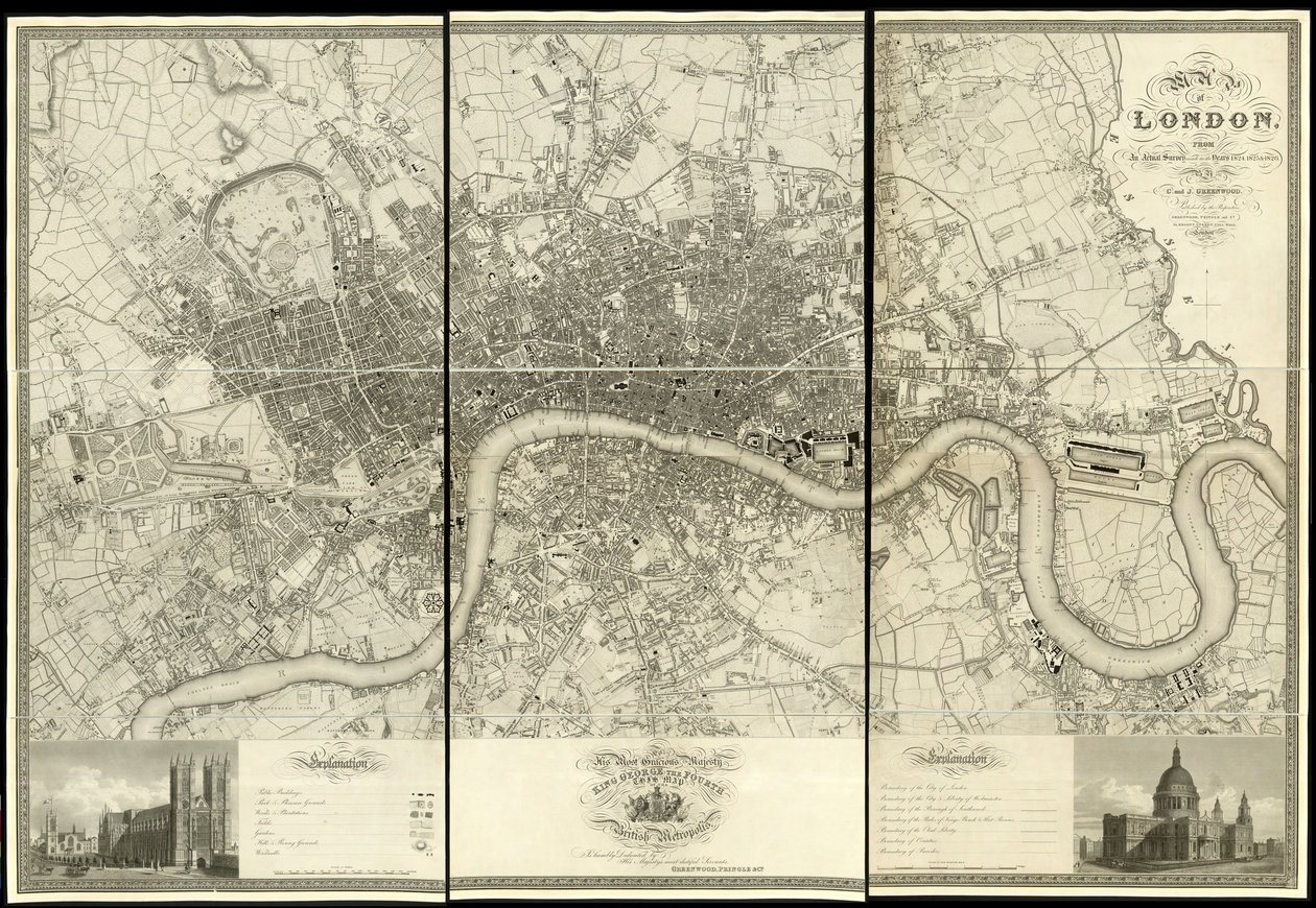 Kaart van Londen, van een daadwerkelijke survey gemaakt in de jaren 1824 door Christopher and John (fl.1821-40) Greenwood