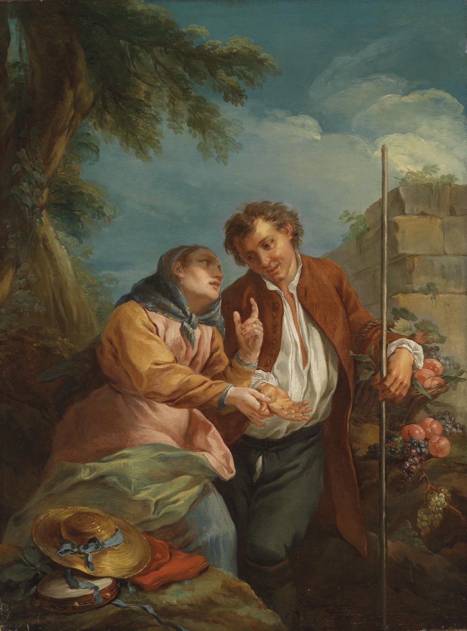 Een handlezeres en een jonge fruitverkoper door Circle of Charles André van Loo