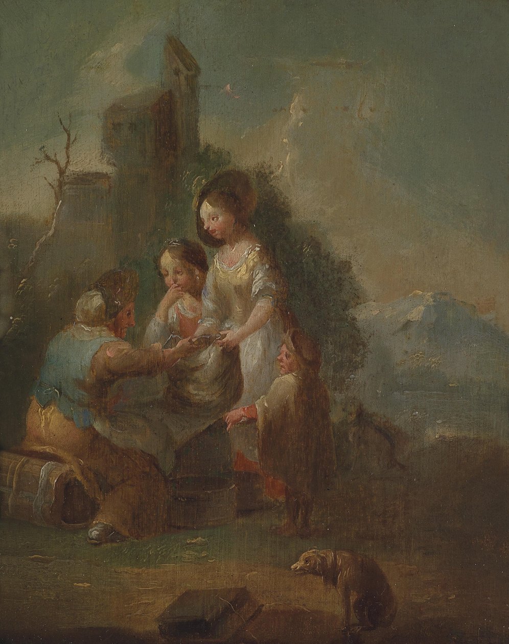 Kinderen die buiten les krijgen door Circle of Johann Georg Platzer