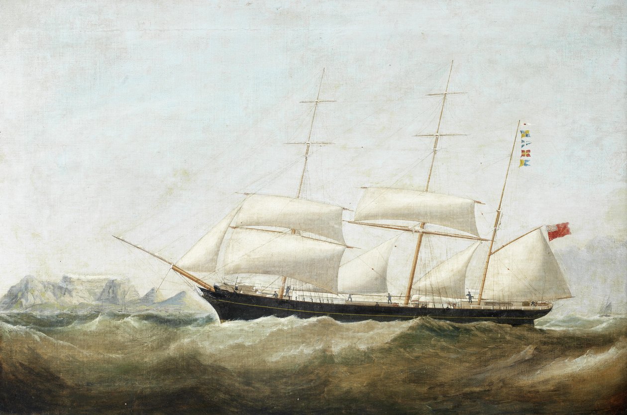 Een bark die in een zuidoostelijke storm de Tafelbaai binnenvaart door Circle of Samuel Walters