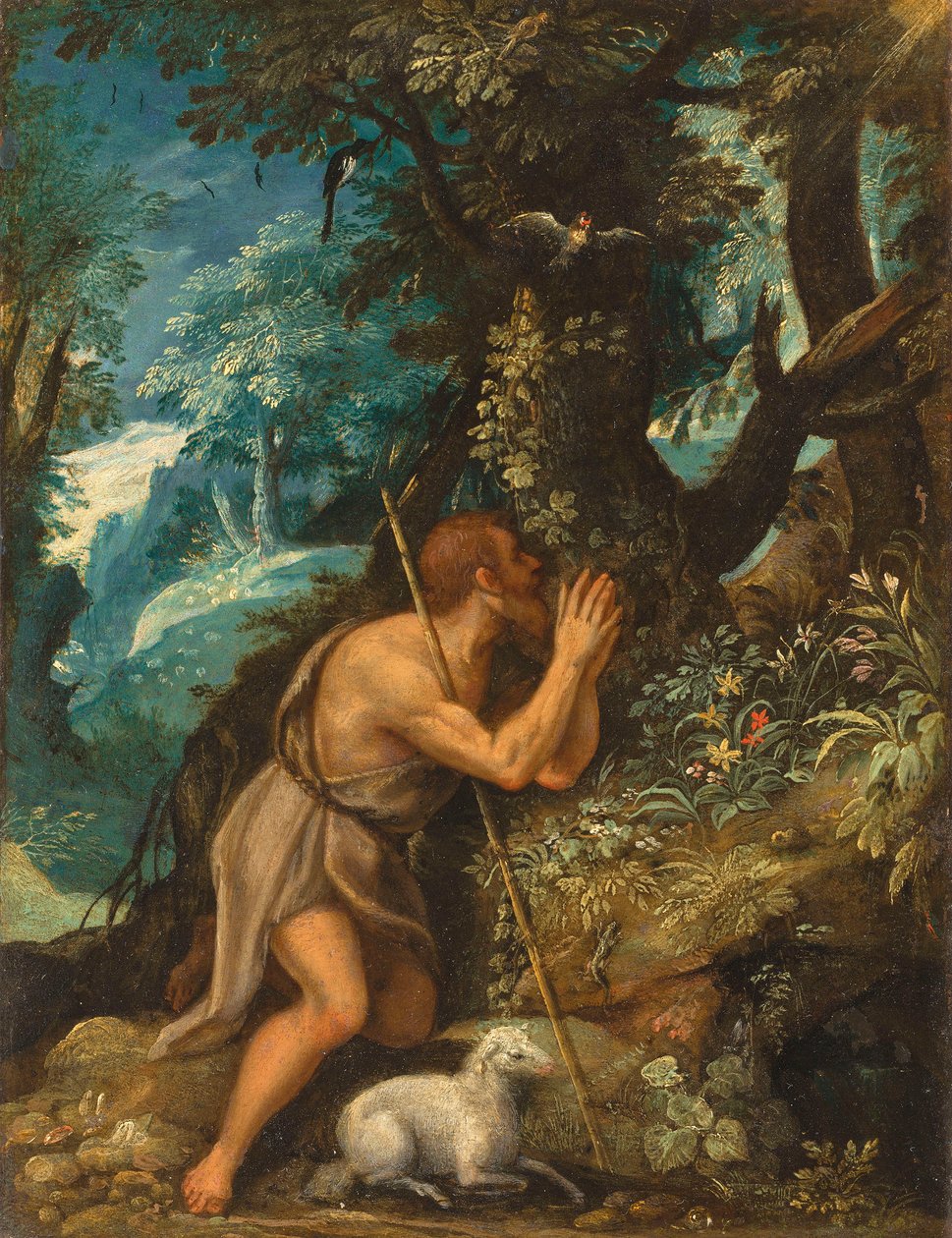 Johannes in de wildernis door Circle of Adam Elsheimer