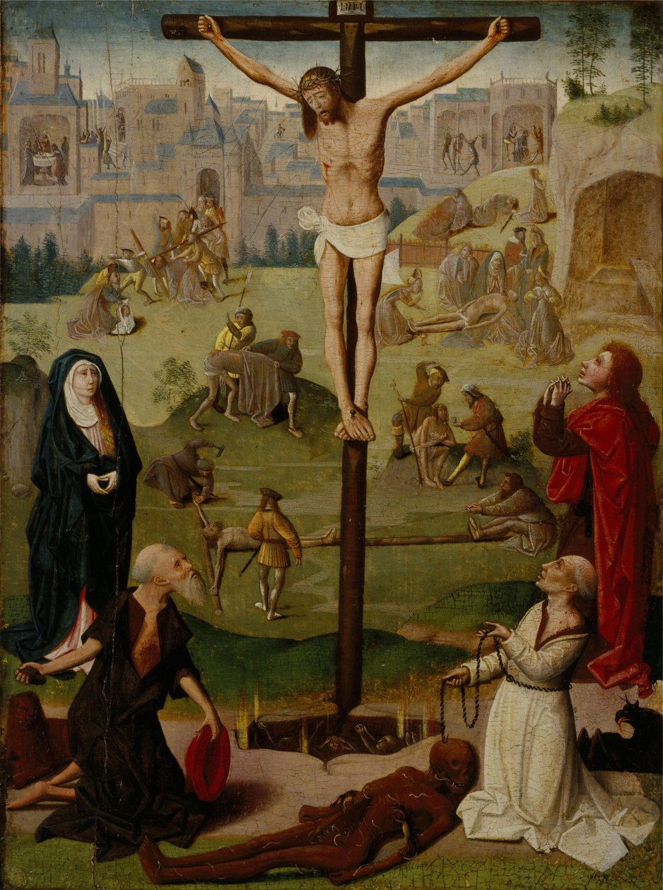 De kruisiging met St. Jerome en St. Dominic en scènes uit de passie door Circle of Geertgen tot Sint Jans