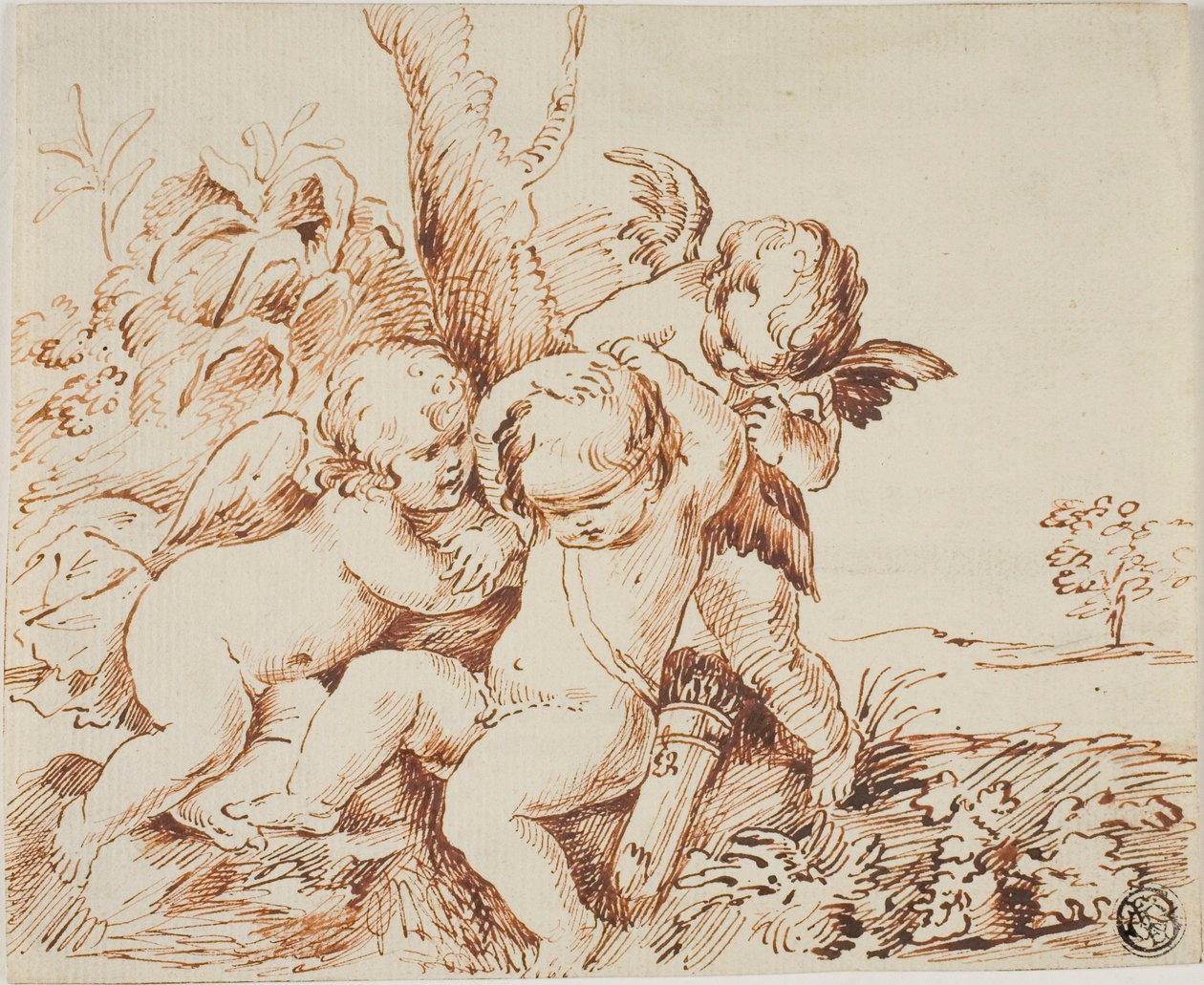Twee Putti Blinddoeken een Derde door Circle of Guido Reni