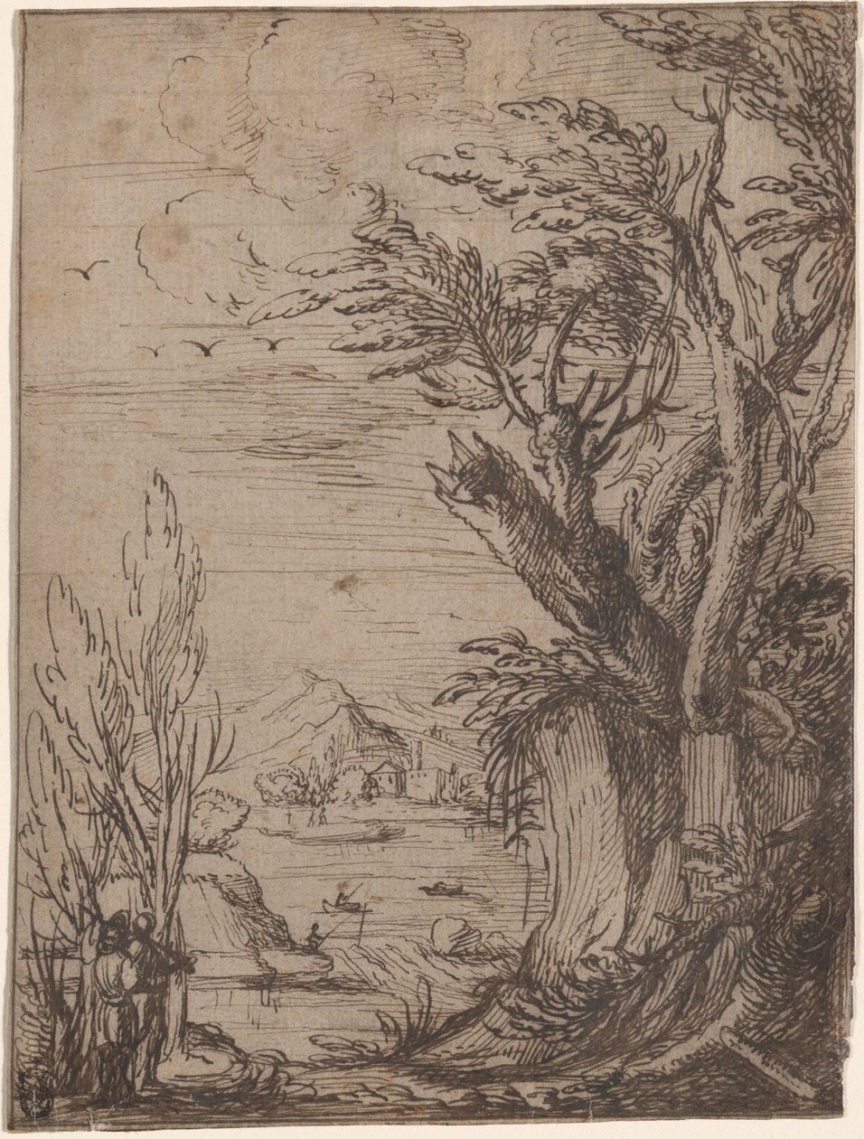 Landschap met Kromme Bomen en Visser door Circle of Jacques de Gheyn
