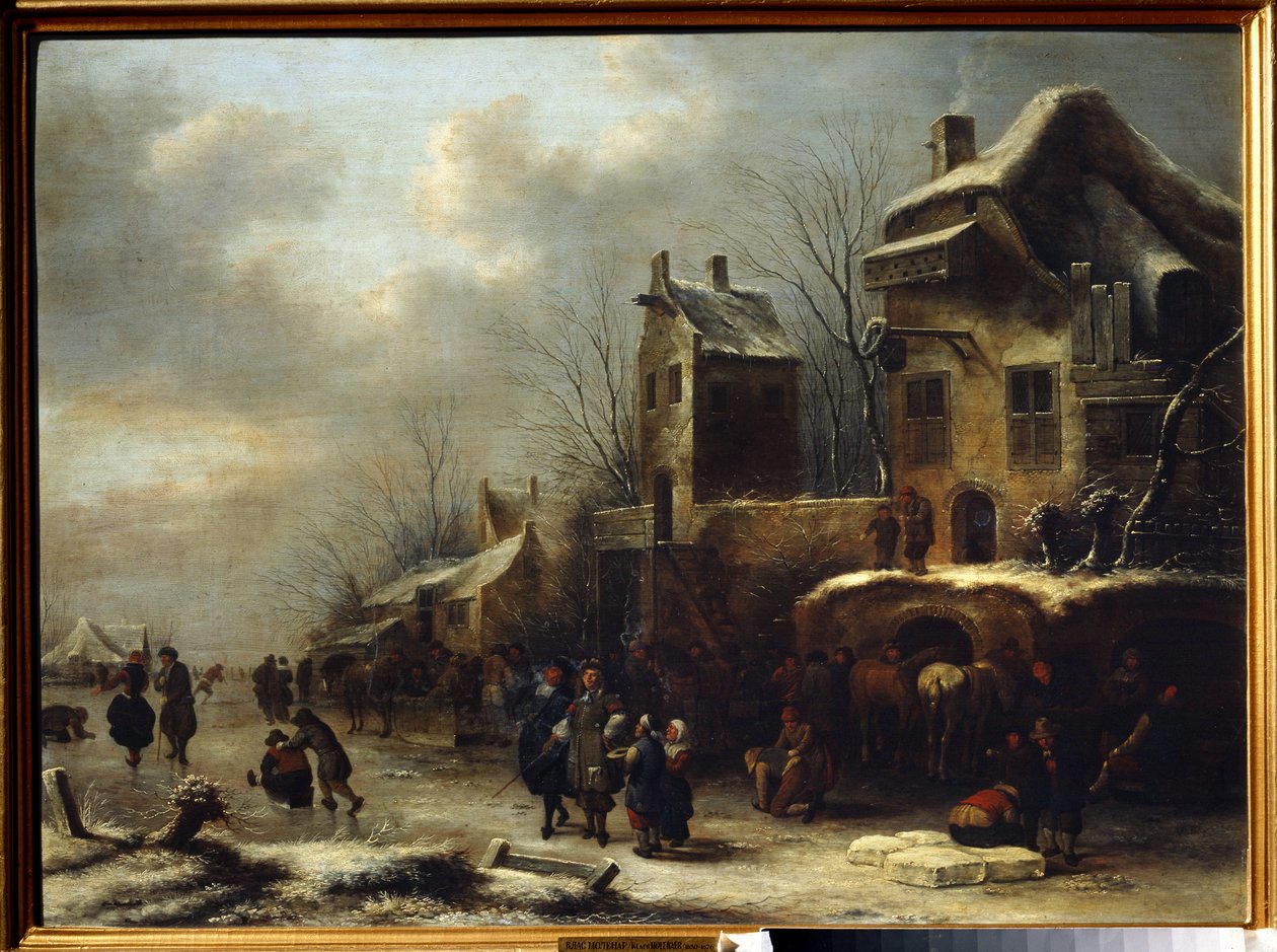 Schaatsbaan op een rivier door Claes  Molenaer