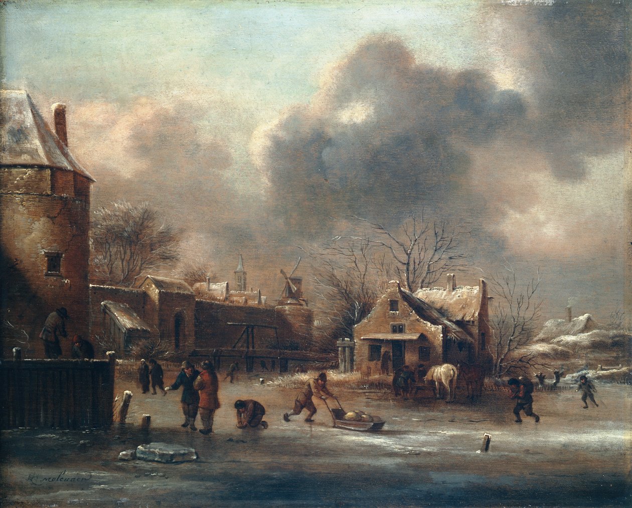 Schaatsscène: Figuren op het ijs bij de muren van een stad door Claes (1630-76) Molenaer