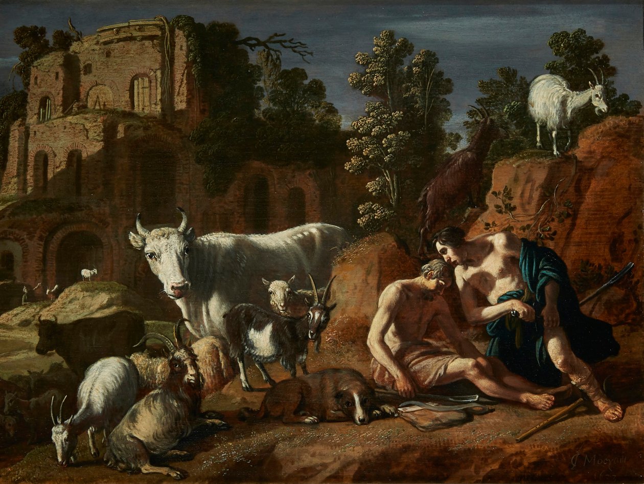 Dutch: Mercurius maakt zich op de slapende Argus te onthoofden Mercury and Argus surrounded by animals in a landscape door Claes Corneliszoon Moeyaert
