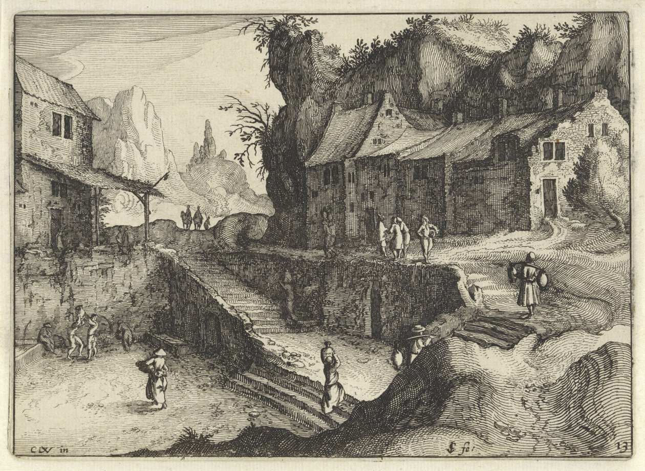 Bergdorp met huizen en trappen door Claes Jansz. Visscher (II)