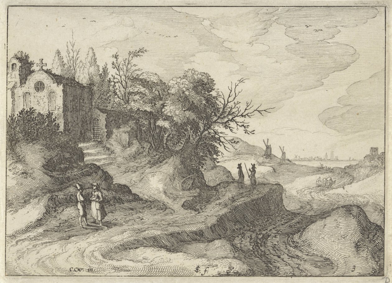 Kapel aan een slingerende landweg door Claes Jansz. Visscher (II)