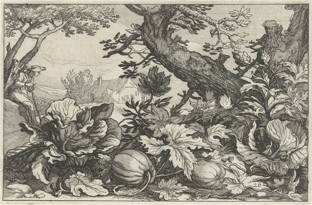 Landschap met pompoenen en kolen door Claes Jansz. Visscher (II)