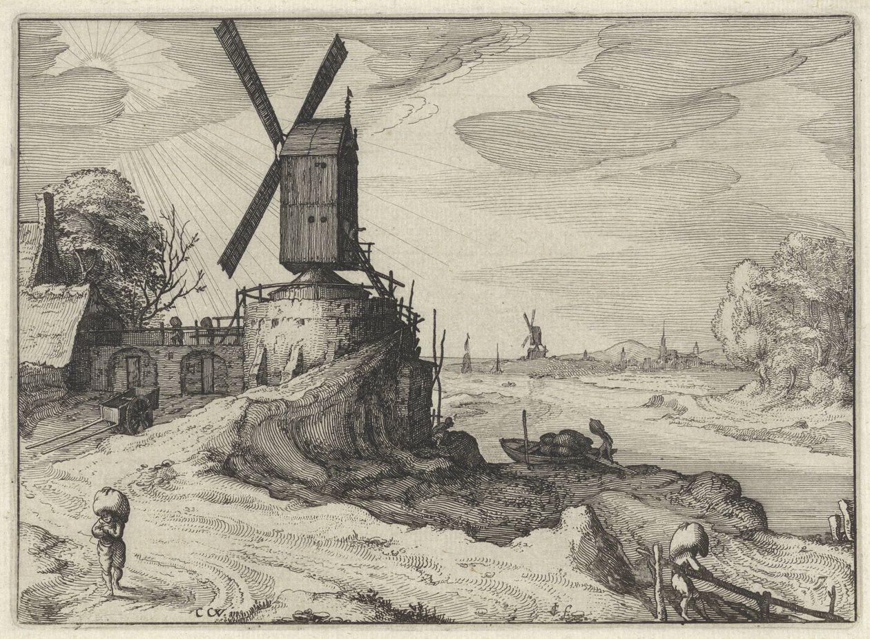 Molen bij een rivier door Claes Jansz. Visscher (II)