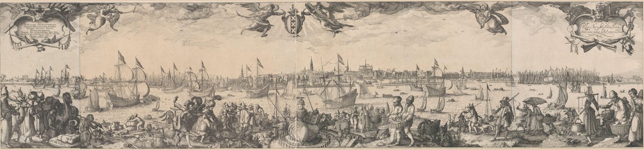 Profiel van Amsterdam, gezien vanaf het IJ, bestaande uit twee delen door Claes Jansz. Visscher (II)