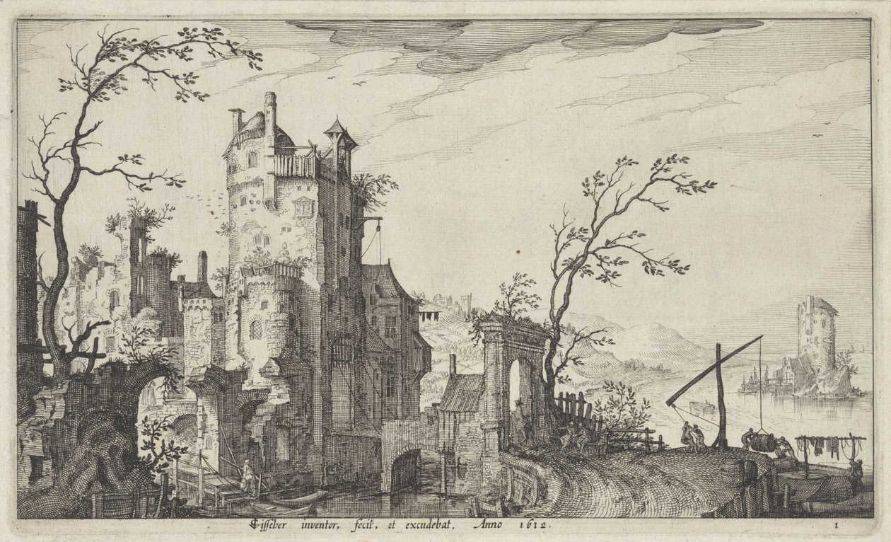 Ruïneuze stadspoort aan het water door Claes Jansz. Visscher (II)