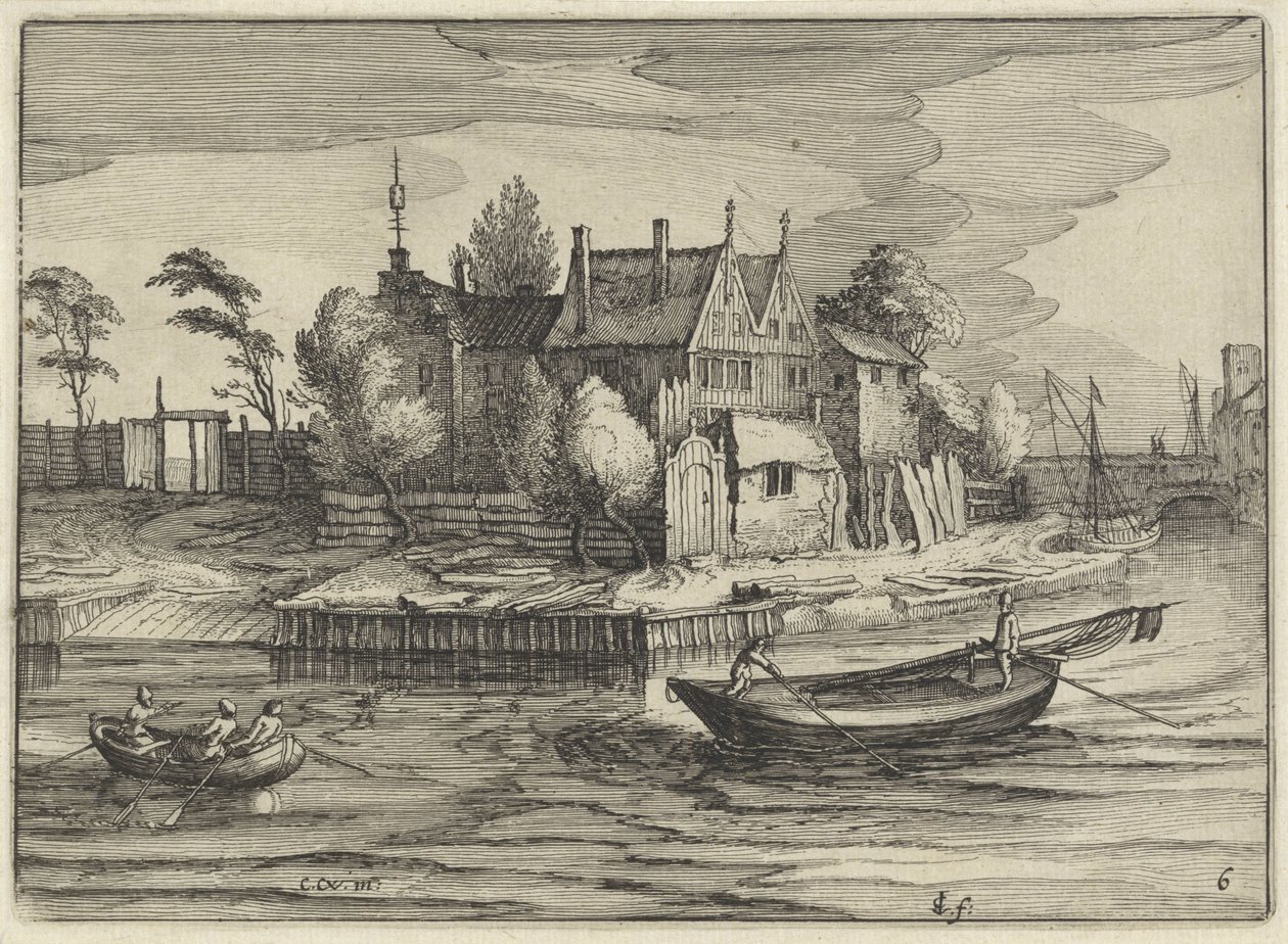Sloepen bij een landgoed door Claes Jansz. Visscher (II)