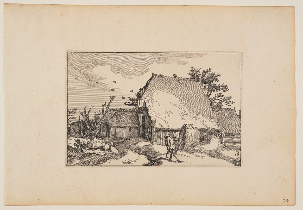 Een boerderij, man met twee emmers op pad ervoor, uit Landschappen (Verscheyden aerdige Lanthuysen...) door Claes Jansz. Visscher