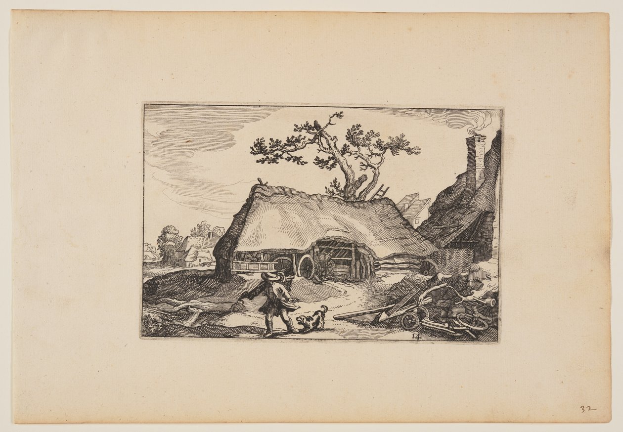 Boerderij met schuur voor een kar, man met blaffende hond, van Landschappen door Claes Jansz. Visscher