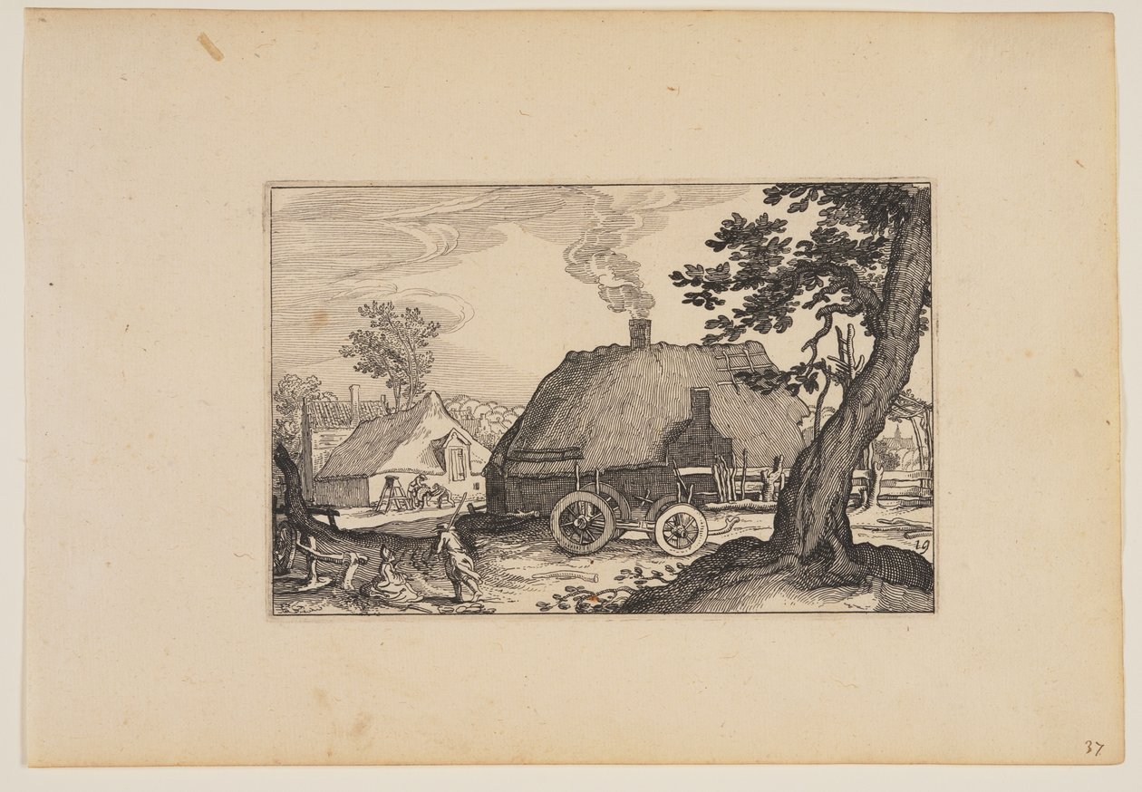 Boerderijen, chassis van een kar in het midden, uit Landschappen (Verscheyden aerdige Lanthuysen...) door Claes Jansz. Visscher