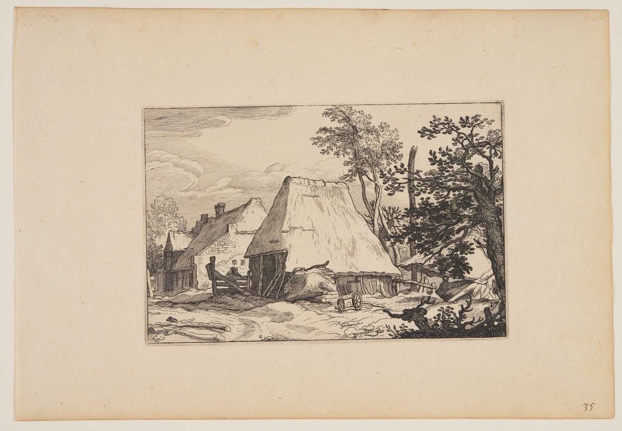 Boerenerf, Man rustend op een hek links van het midden, uit Landschappen (Verscheyden aerdige Lanthuysen...) door Claes Jansz. Visscher