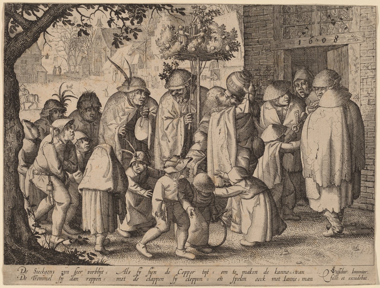 Processie van feestende melaatsen door Claes Jansz Visscher