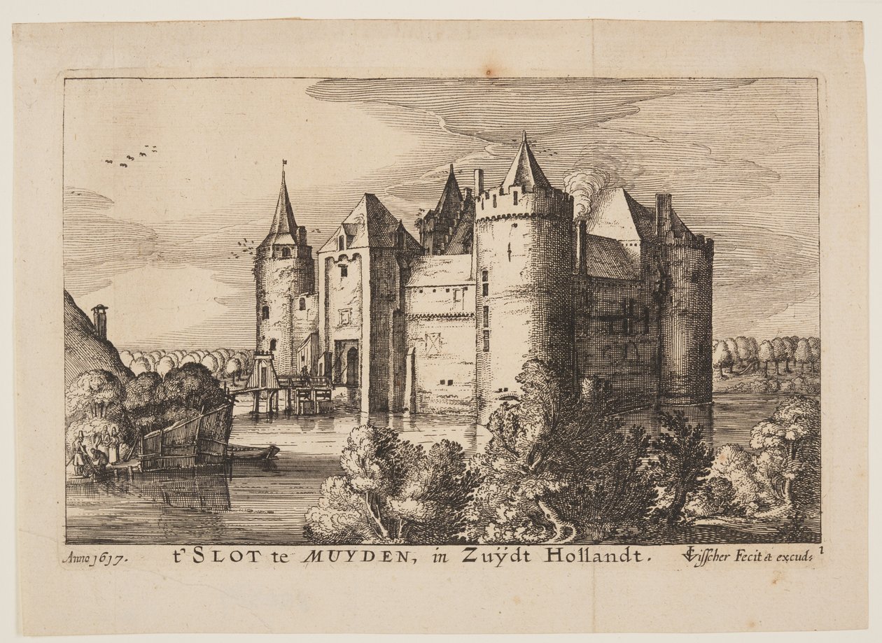 Het kasteel van Muiden (in spiegelbeeld), uit Vier Kastelen in Nederland en Utrecht door Claes Jansz. Visscher