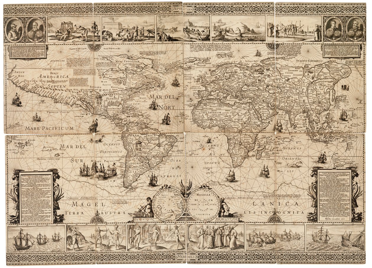Het blad is een composiet van acht secties en een gravure, geplakt op karton. Schaal: circa 1:35,000,000 door Claes Jansz Visscher