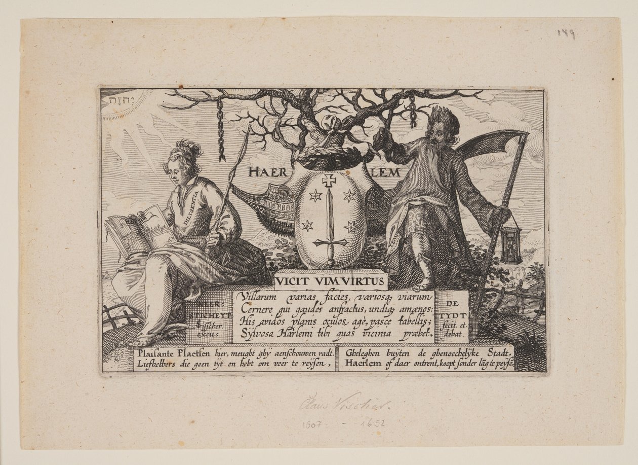 Titel, van Gezicht in de omgeving van Haarlem (Plaisante Plaetsen) door Claes Jansz. Visscher